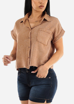 Short Sleeve Button Down Cotton Shirt Taupe