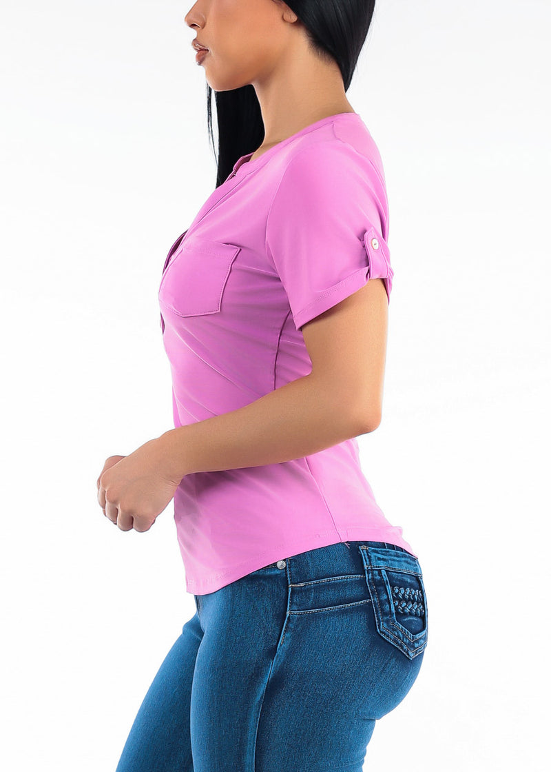 Short Sleeve Half Button Up Stretch Blouse Cotton Candy