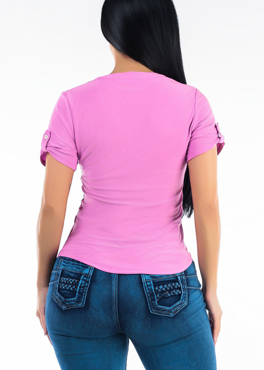 Short Sleeve Half Button Up Stretch Blouse Cotton Candy