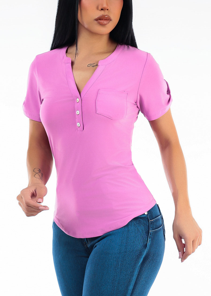 Short Sleeve Half Button Up Stretch Blouse Cotton Candy