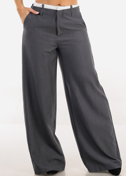 Super High Waist Stretch Wide Leg Dress Pants Grey