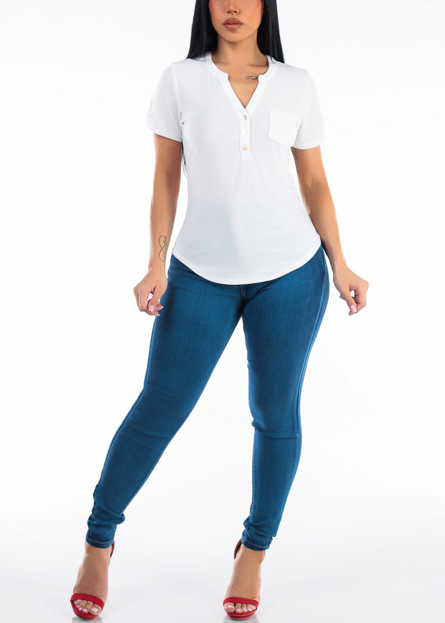 Short Sleeve Half Button Up Stretch Blouse Ivory