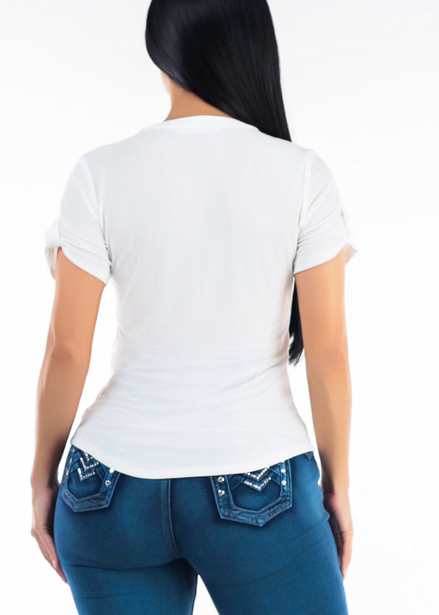 Short Sleeve Half Button Up Stretch Blouse Ivory