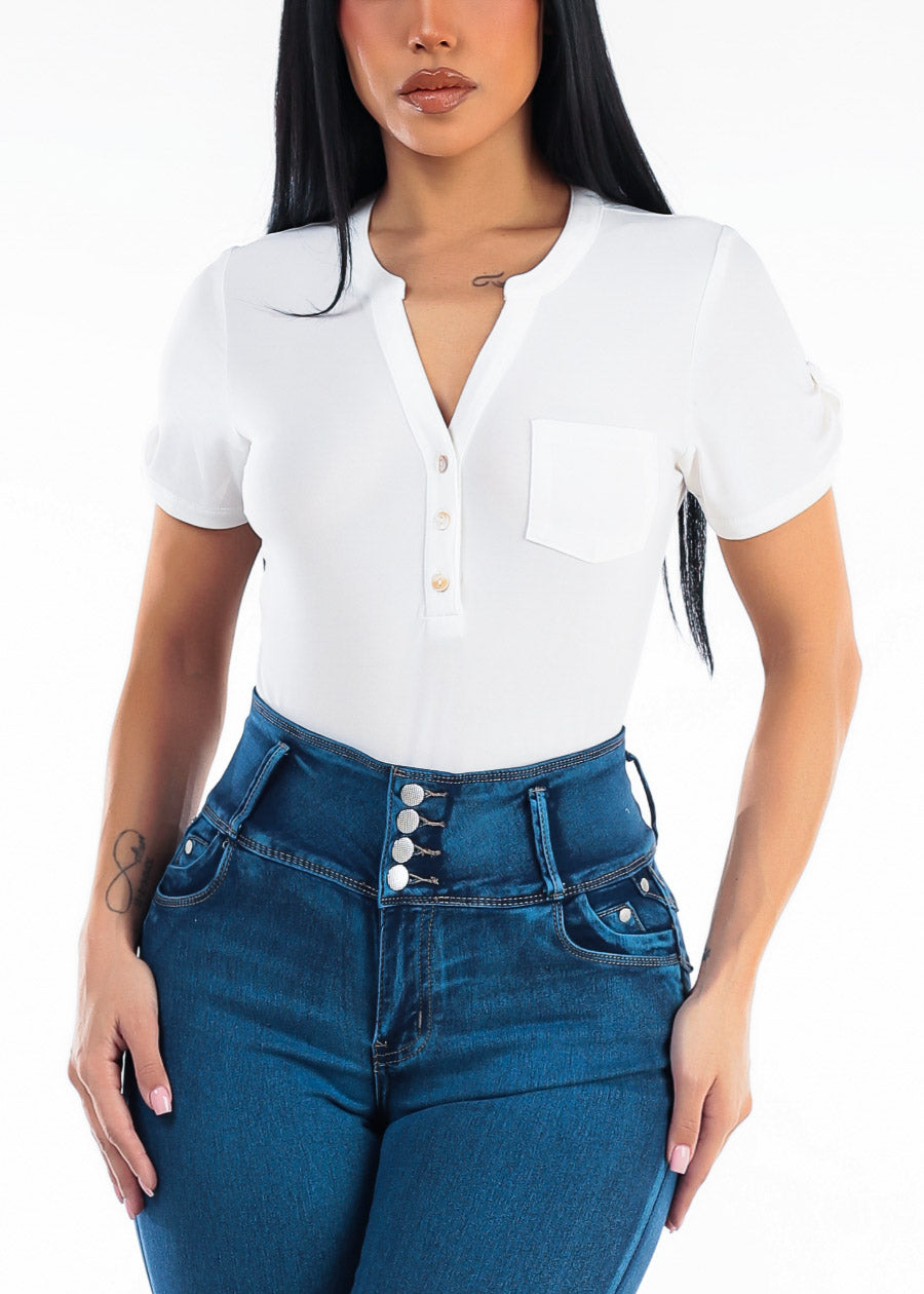 Short Sleeve Half Button Up Stretch Blouse Ivory