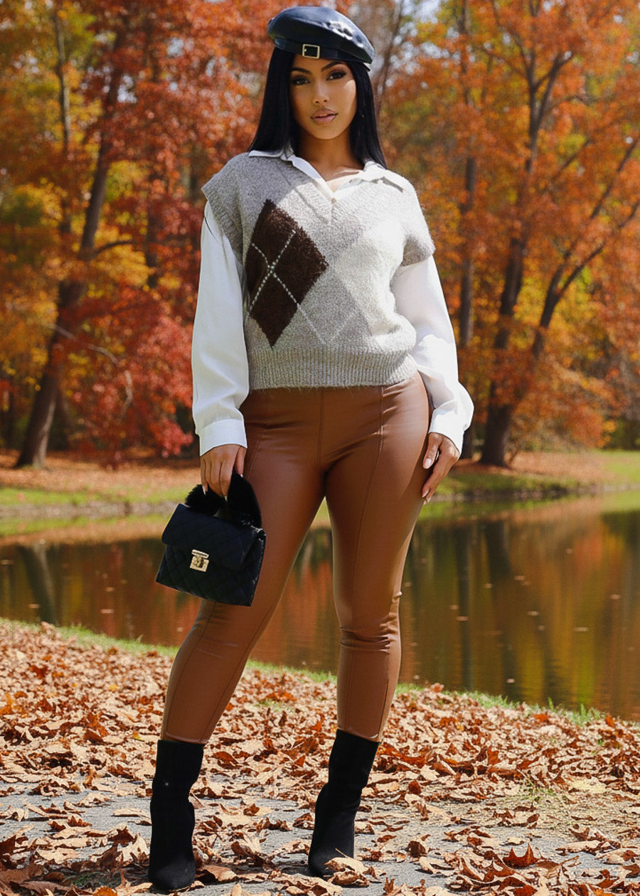 High Waist Vegan Leather Skinny Pants Brown