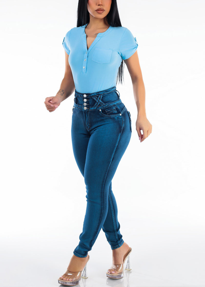 Short Sleeve Half Button Up Stretch Blouse Light Blue
