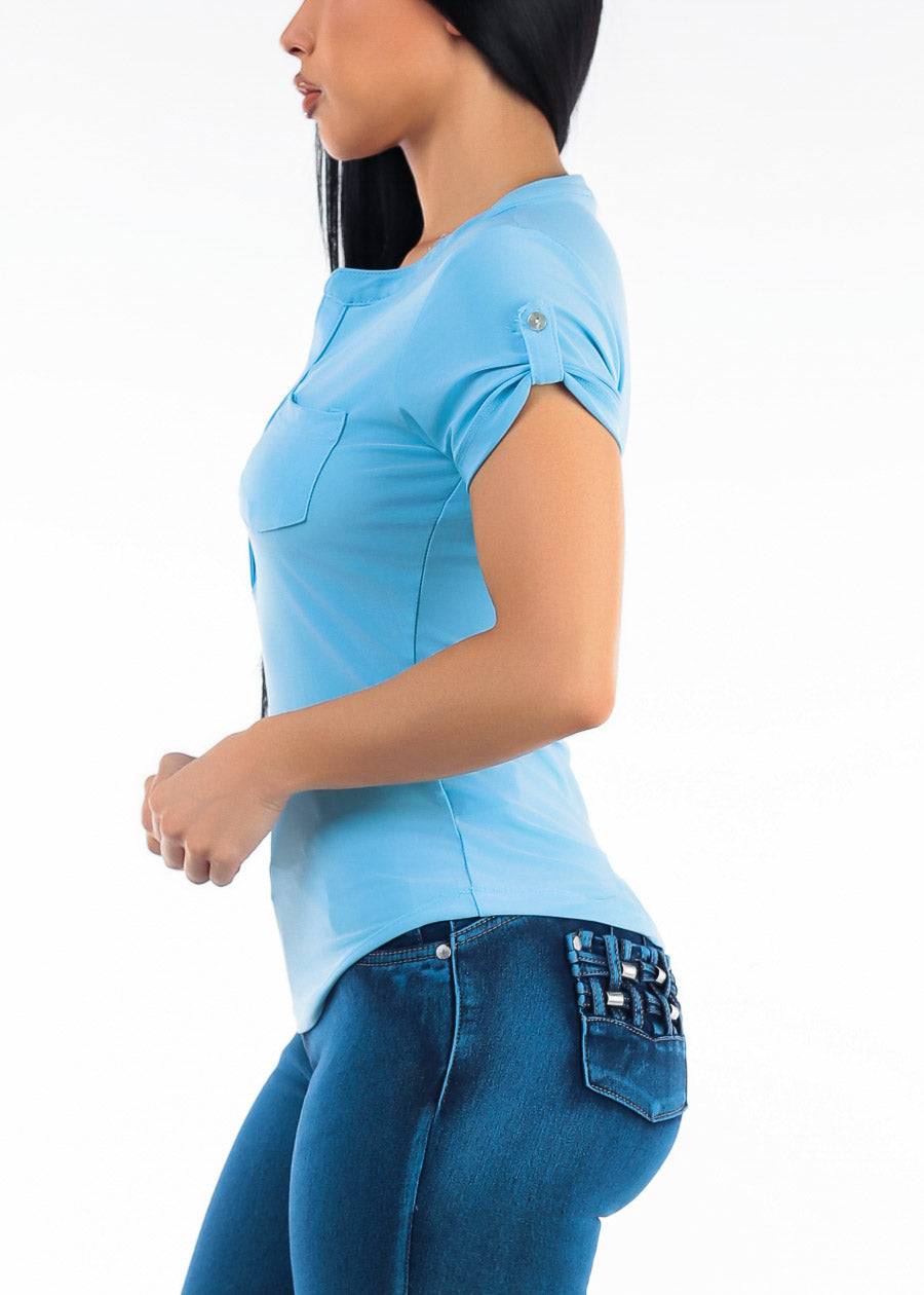 Short Sleeve Half Button Up Stretch Blouse Light Blue