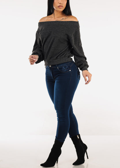 Off Shoulder Butter Soft Stretch Sweater Top Heather Black