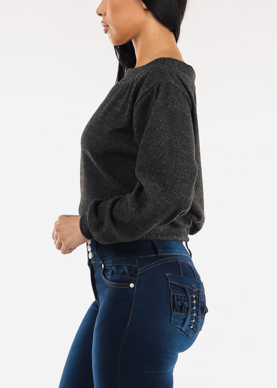 Off Shoulder Butter Soft Stretch Sweater Top Heather Black
