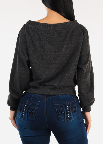 Off Shoulder Butter Soft Stretch Sweater Top Heather Black