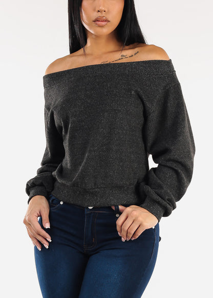 Off Shoulder Butter Soft Stretch Sweater Top Heather Black