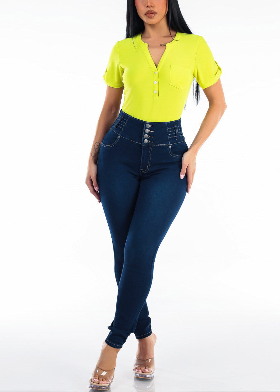 Short Sleeve Half Button Up Stretch Blouse Lime