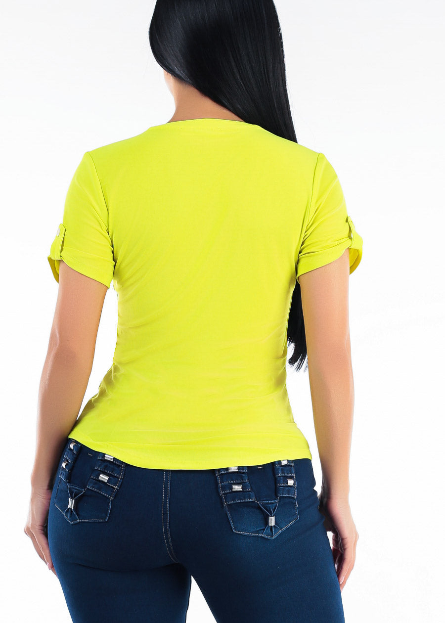 Short Sleeve Half Button Up Stretch Blouse Lime