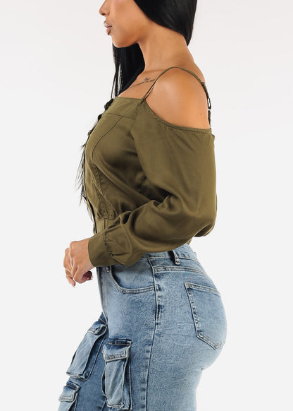 Cold Shoulder Button Up Blouse Olive
