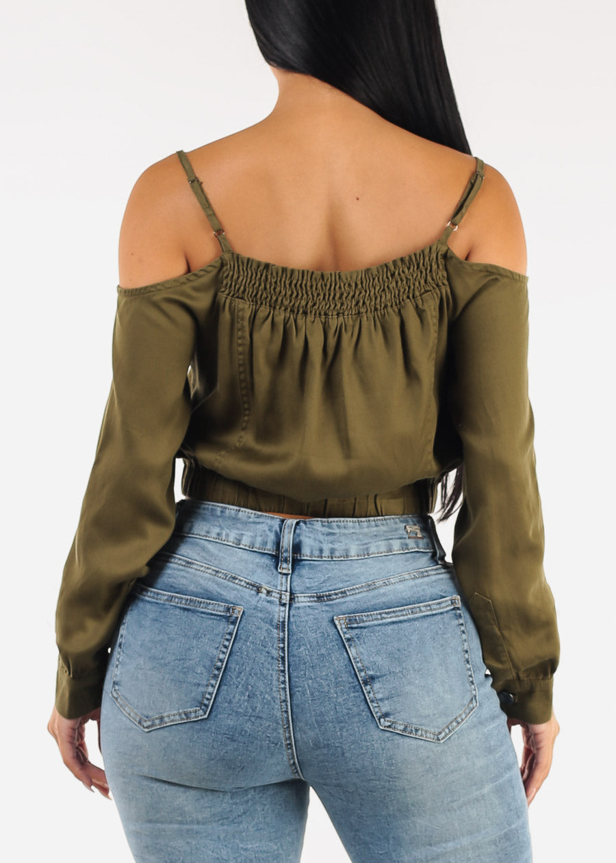 Cold Shoulder Button Up Blouse Olive