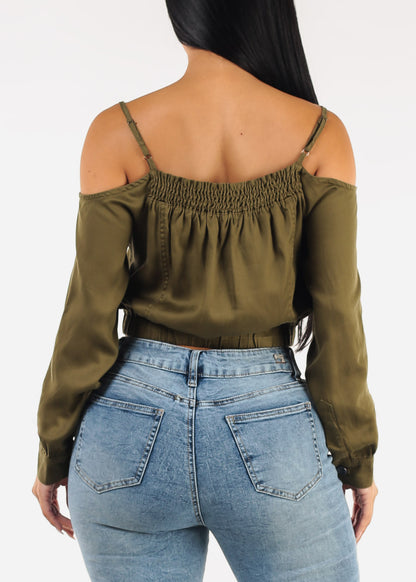 Cold Shoulder Button Up Blouse Olive