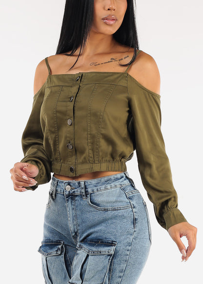 Cold Shoulder Button Up Blouse Olive