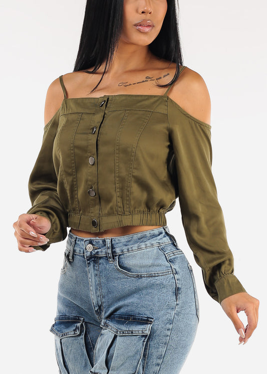 Cold Shoulder Button Up Blouse Olive