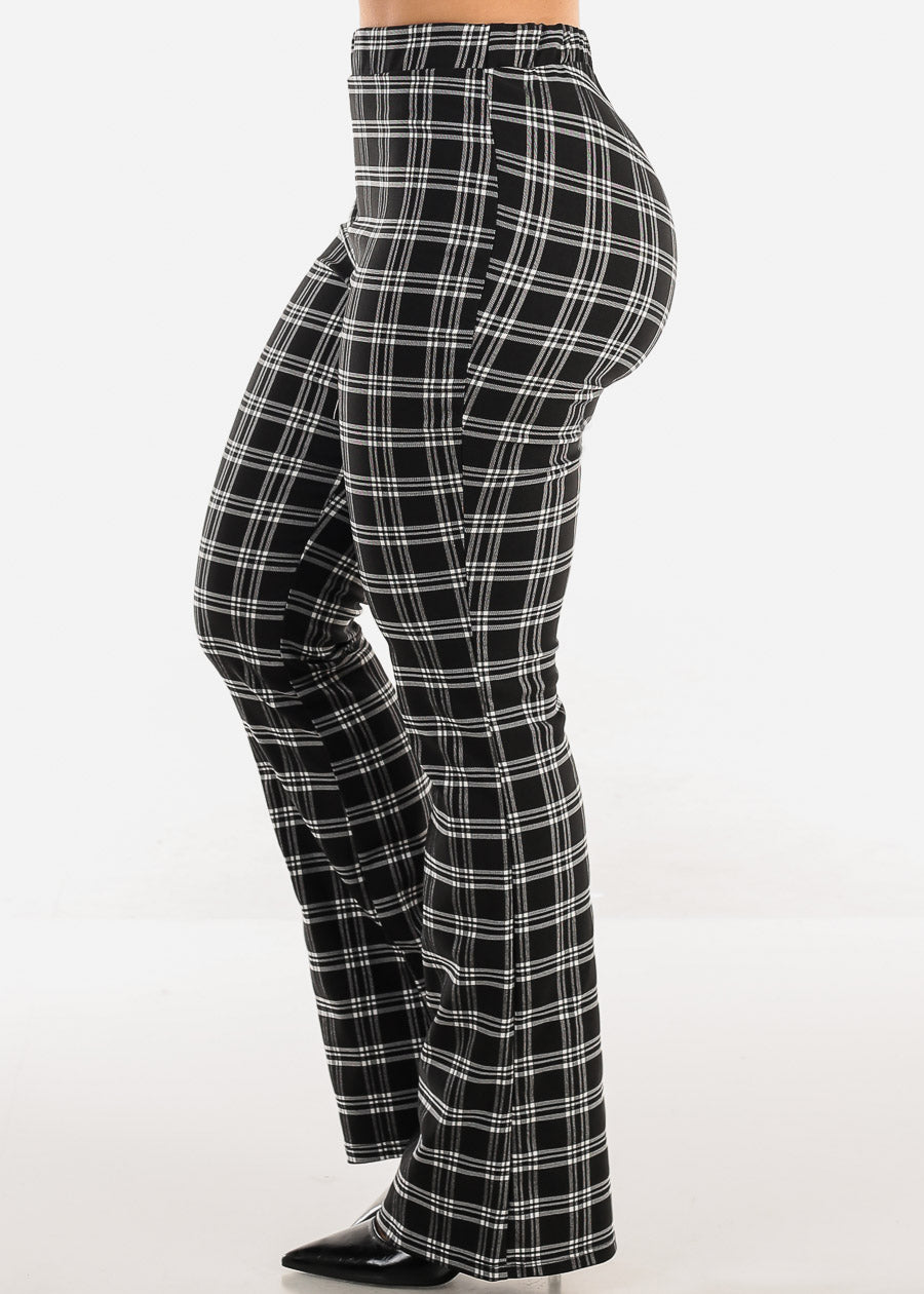 Super High Waist Plaid Flared Bootcut Pants Black