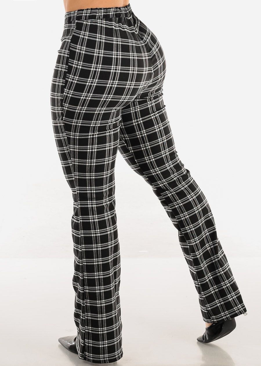 Super High Waist Plaid Flared Bootcut Pants Black