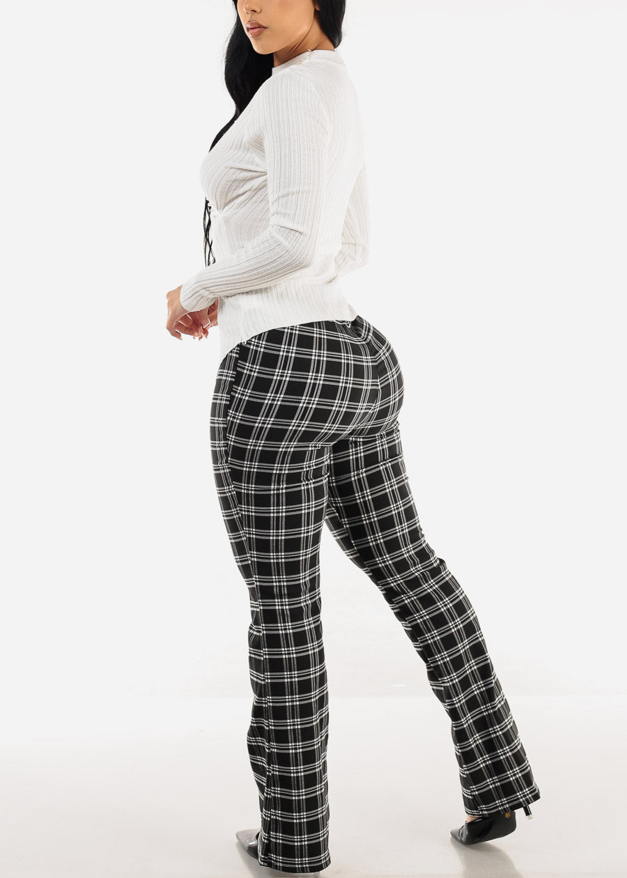 Super High Waist Plaid Flared Bootcut Pants Black