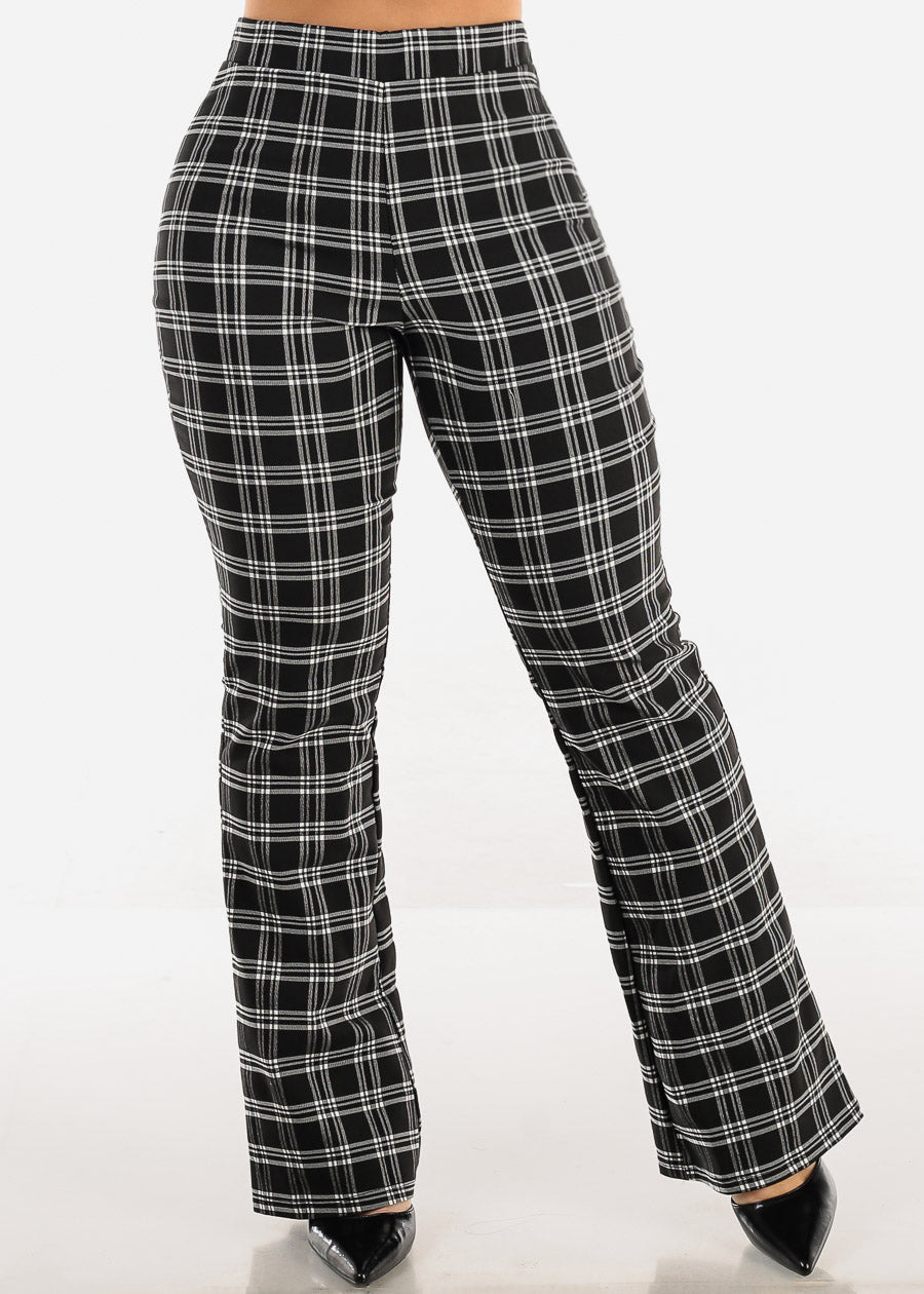 Super High Waist Plaid Flared Bootcut Pants Black