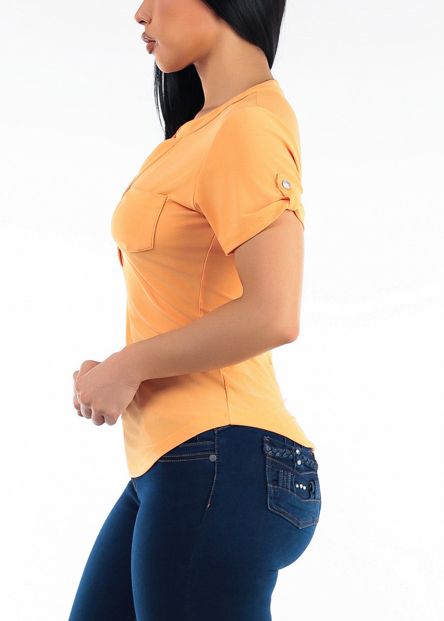 Short Sleeve Half Button Up Stretch Blouse Orange