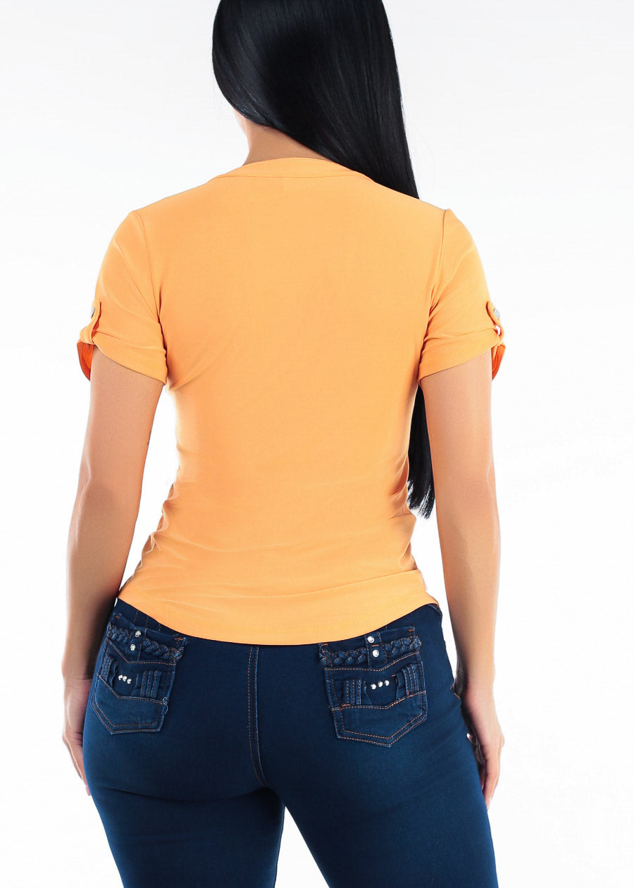 Short Sleeve Half Button Up Stretch Blouse Orange