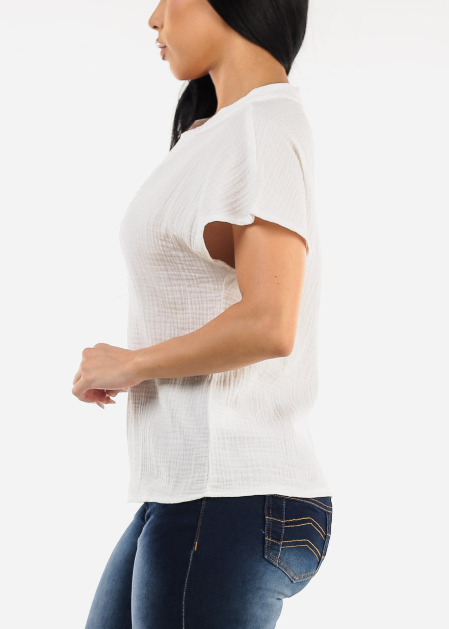 Lightweight Short Sleeve White Vneck Top