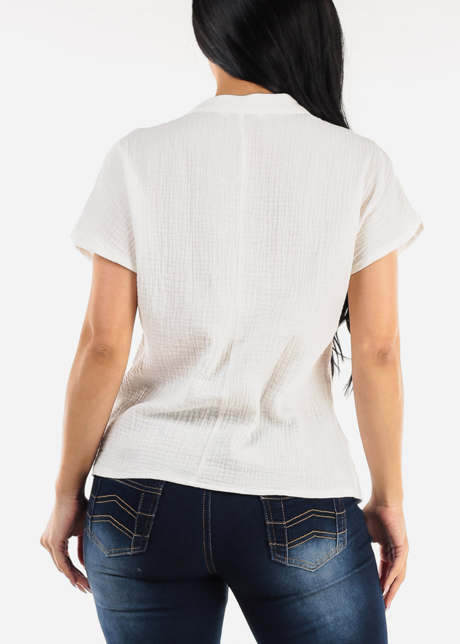 Lightweight Short Sleeve White Vneck Top