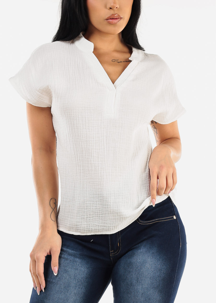 Lightweight Short Sleeve White Vneck Top