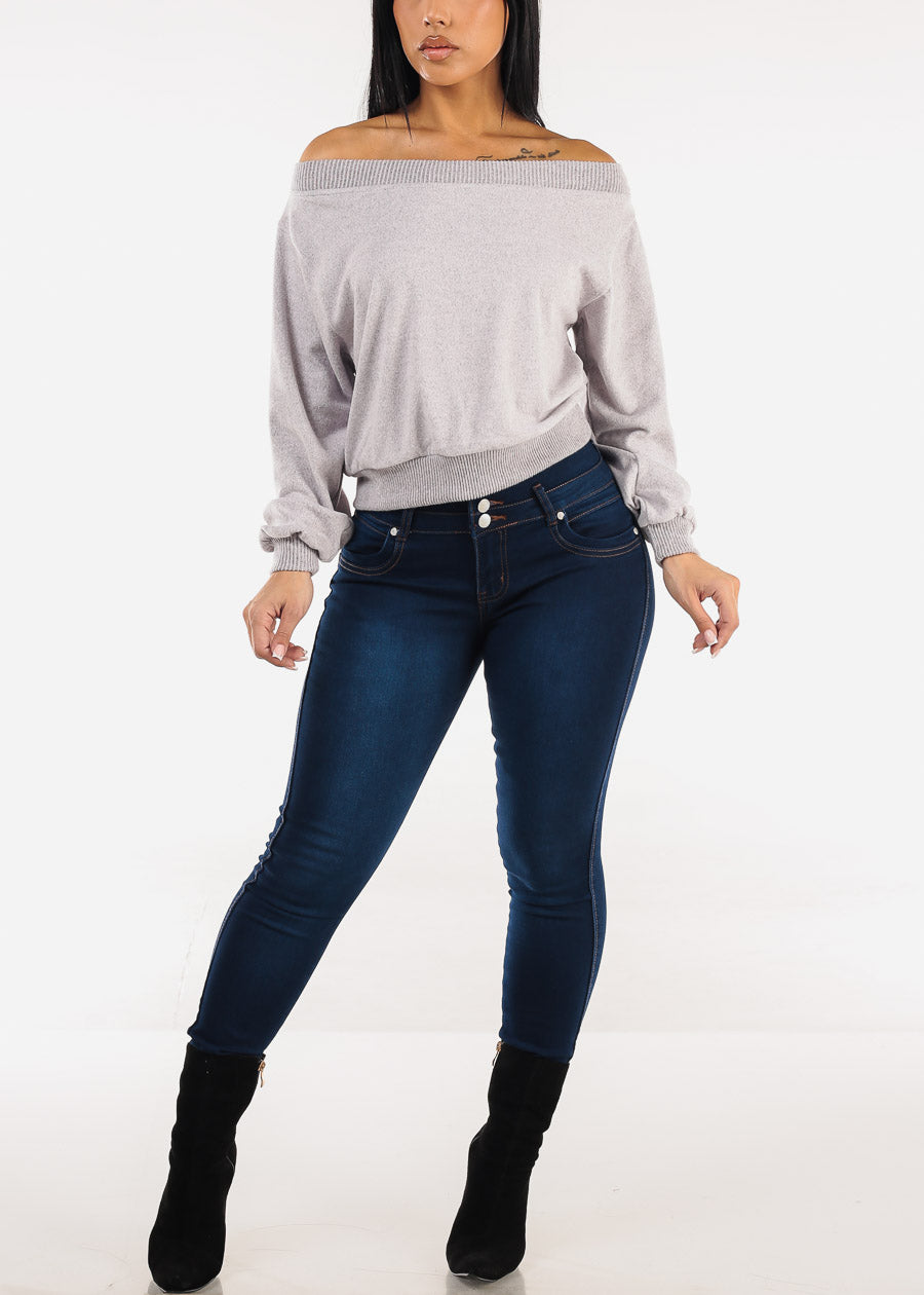 Off Shoulder Butter Soft Stretch Sweater Top Light Pink