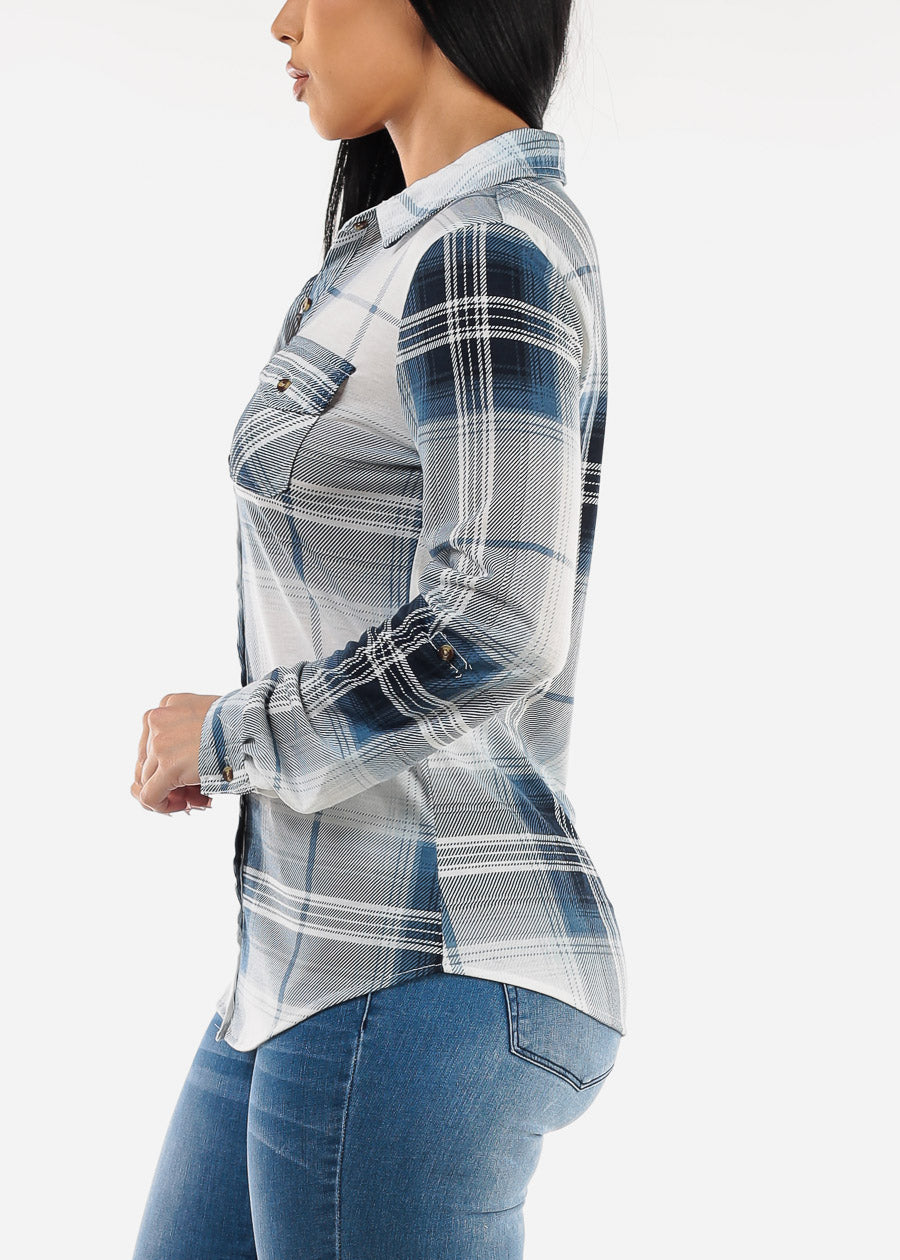 Long Sleeve Button Up Plaid Shirt Ivory & Blue