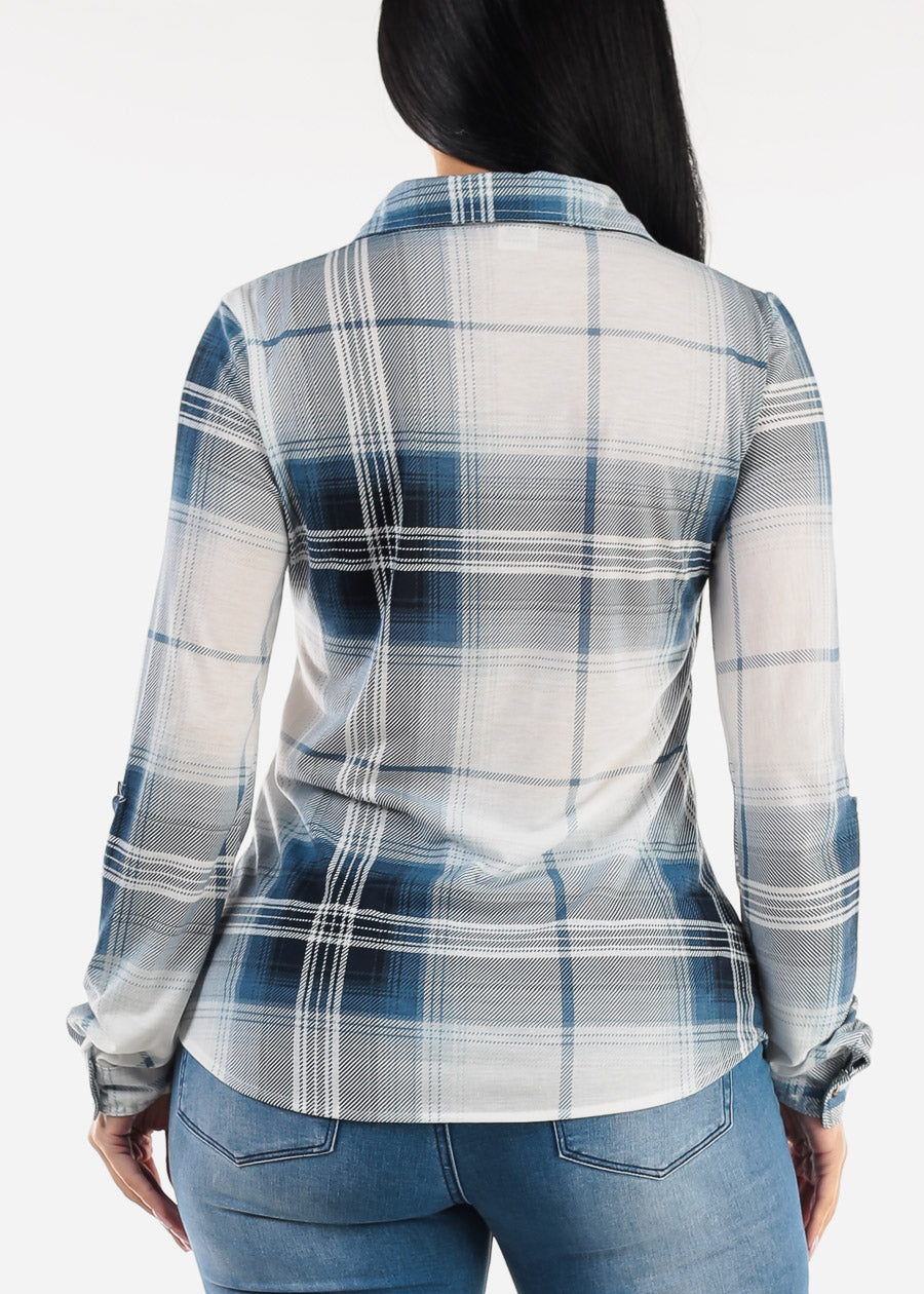 Long Sleeve Button Up Plaid Shirt Ivory & Blue