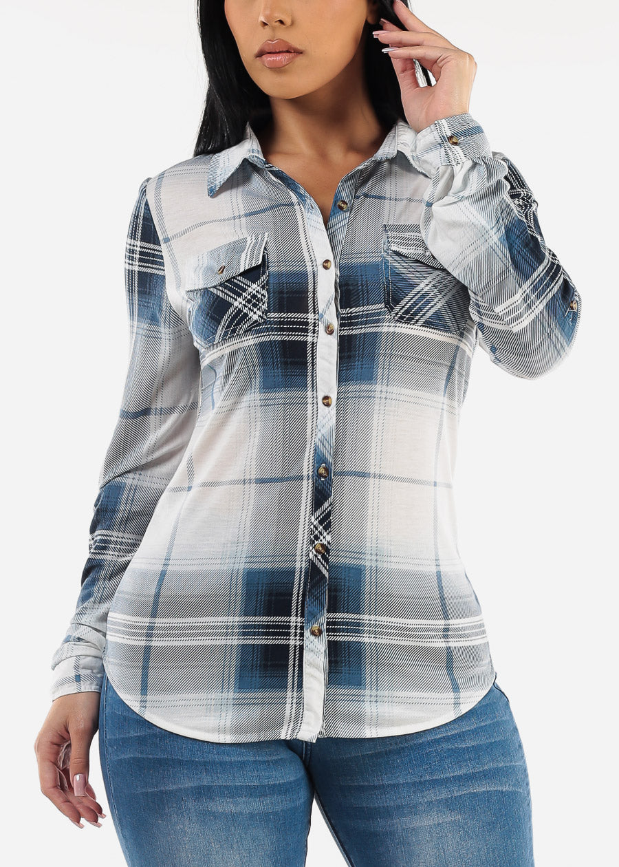 Long Sleeve Button Up Plaid Shirt Ivory & Blue