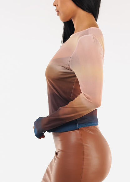 Stretch Long Sleeve Ombre Mesh Top Blush