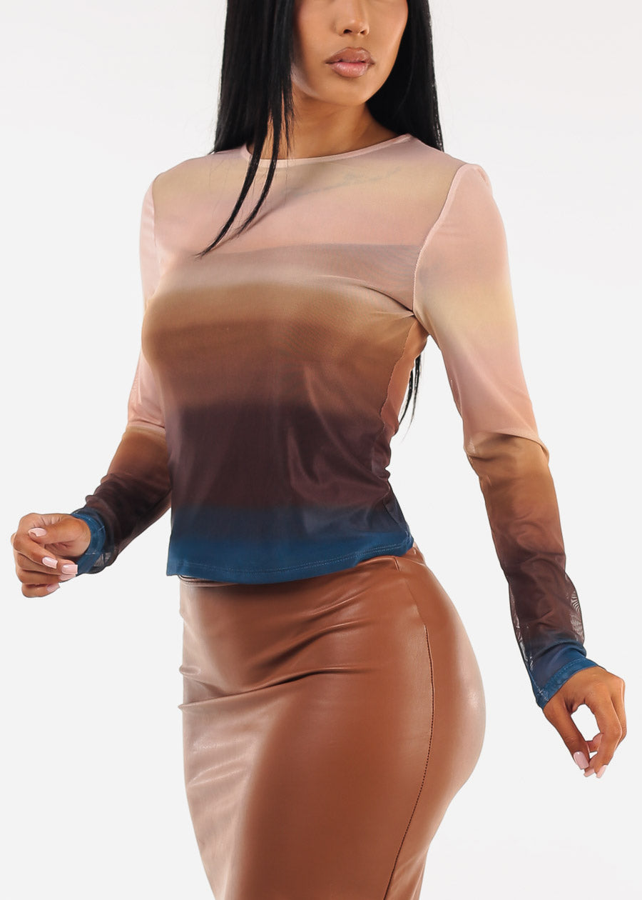Stretch Long Sleeve Ombre Mesh Top Blush