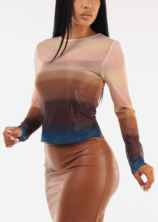 Stretch Long Sleeve Ombre Mesh Top Blush