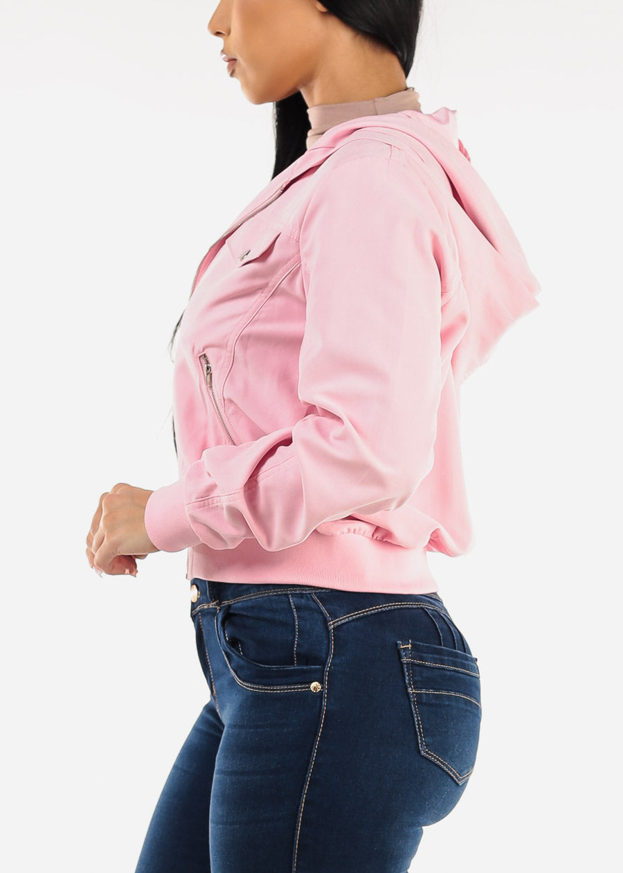 Zip Up Bomber Hooded Jacket Light Pink