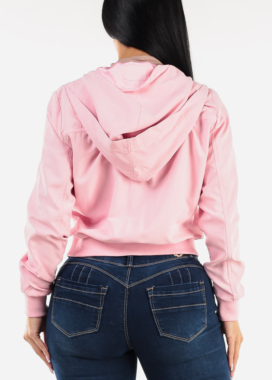 Zip Up Bomber Hooded Jacket Light Pink