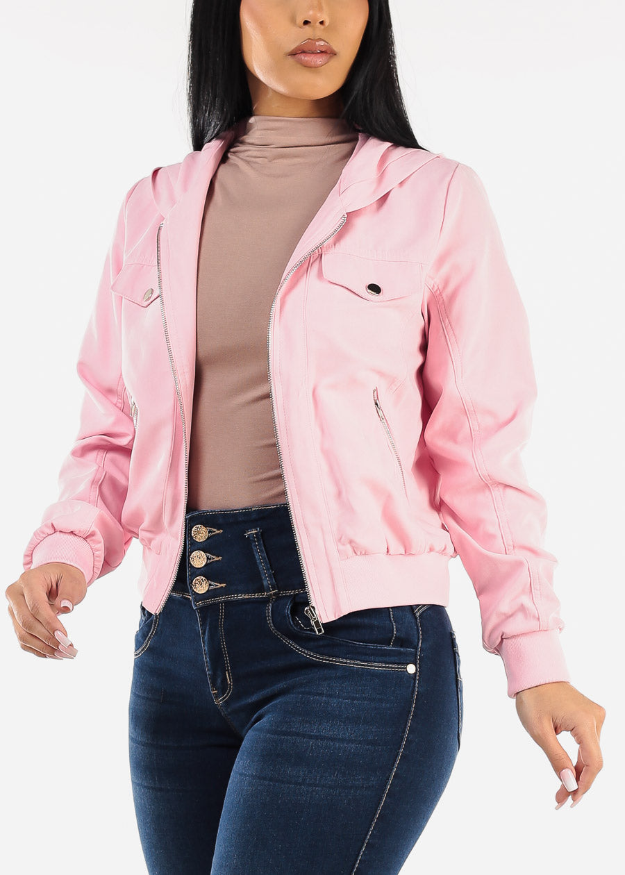 Zip Up Bomber Hooded Jacket Light Pink