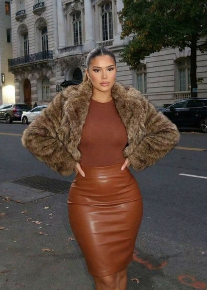 High Waist Stretch Vegan Leather Pencil Skirt Brown