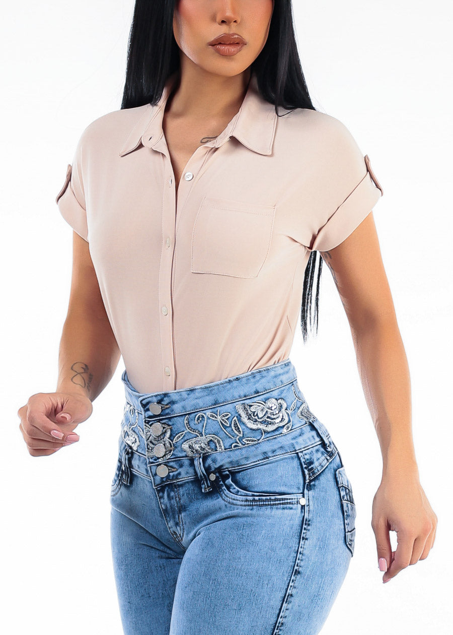 Short Sleeve Button Up Stretch Collared Blouse Beige