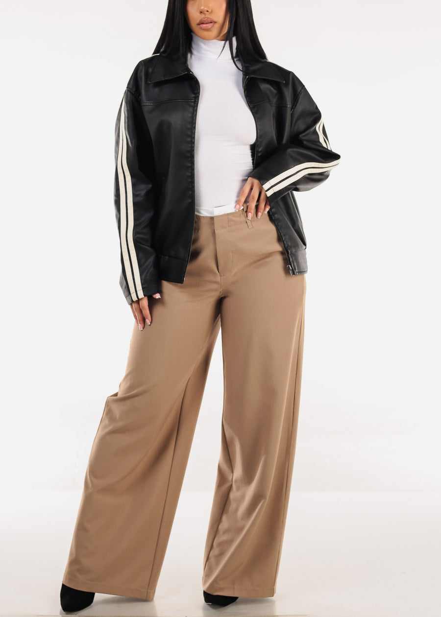 Super High Waist Stretch Wide Leg Dress Pants Light Brown