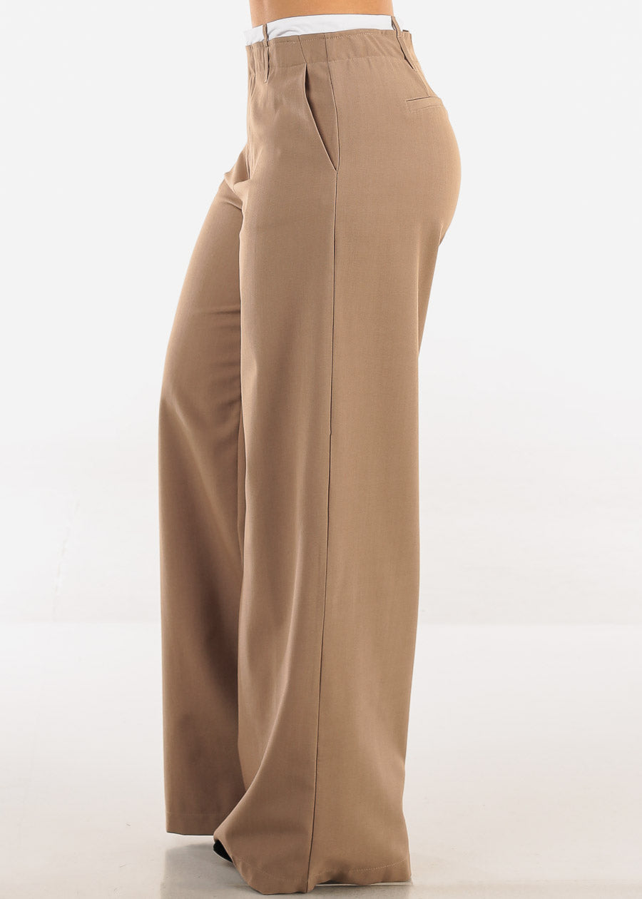 Super High Waist Stretch Wide Leg Dress Pants Light Brown
