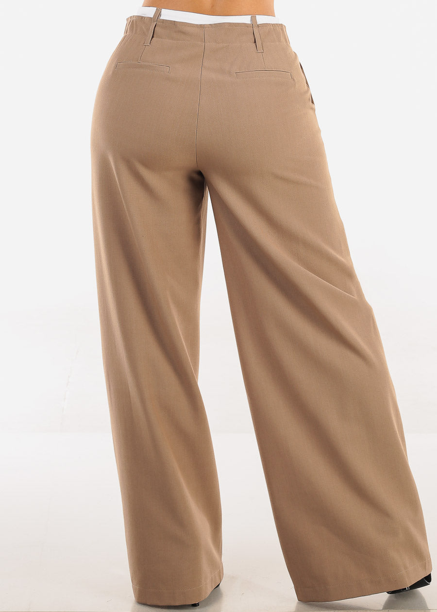 Super High Waist Stretch Wide Leg Dress Pants Light Brown