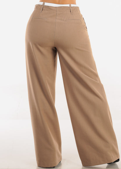 Super High Waist Stretch Wide Leg Dress Pants Light Brown
