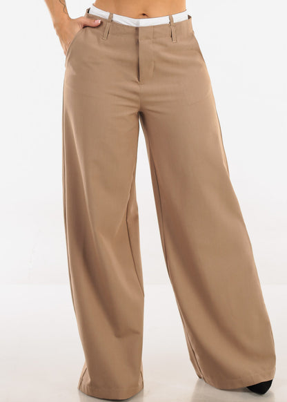 Super High Waist Stretch Wide Leg Dress Pants Light Brown