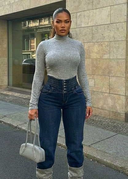 Long Sleeve Mock Neck Soft Stretch Top Grey