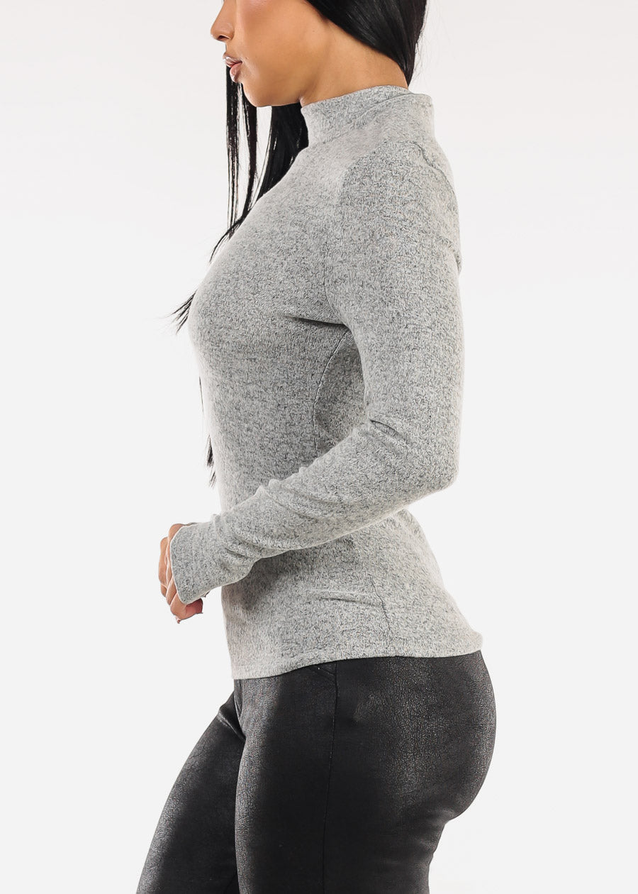 Long Sleeve Mock Neck Soft Stretch Top Grey